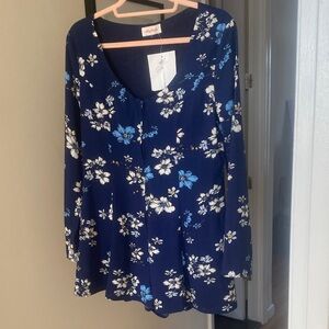 Navy Blue Floral Long-Sleeve Tunic Jumpsuit